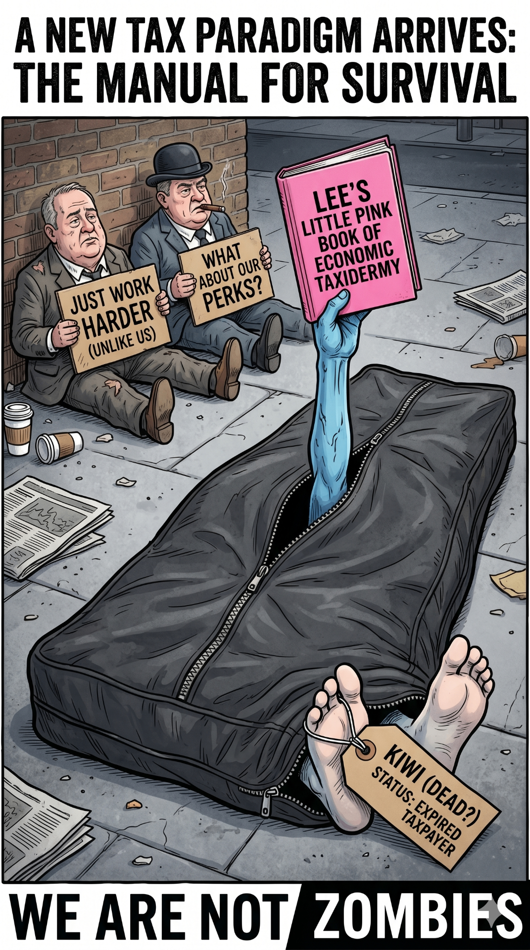 Satirical poster art for the Kiwi Tax project featuring the pink book and the line We are not zombies