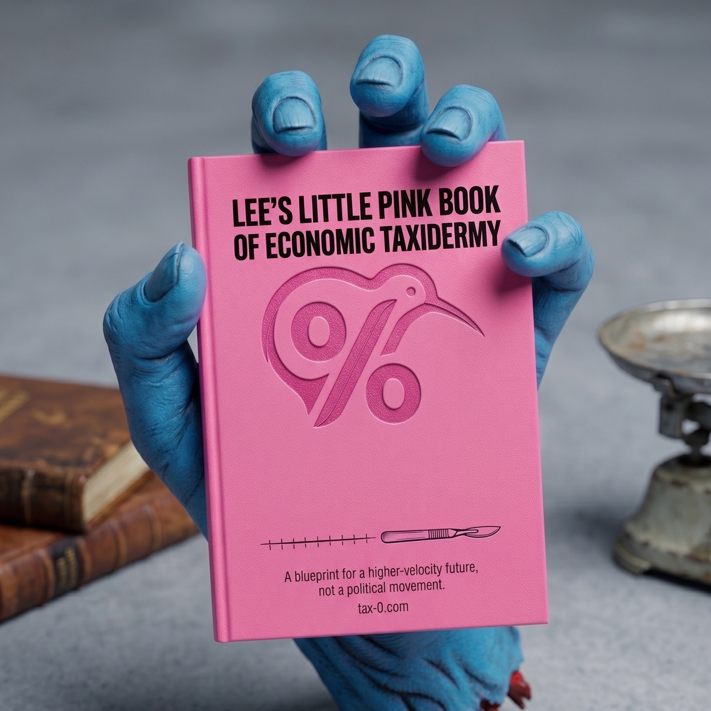 Pink cover artwork for Lee's Little Pink Book of Economic Taxidermy held in a blue hand
