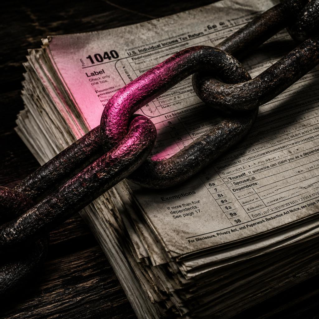Legacy tax forms chained down on a weathered wooden table