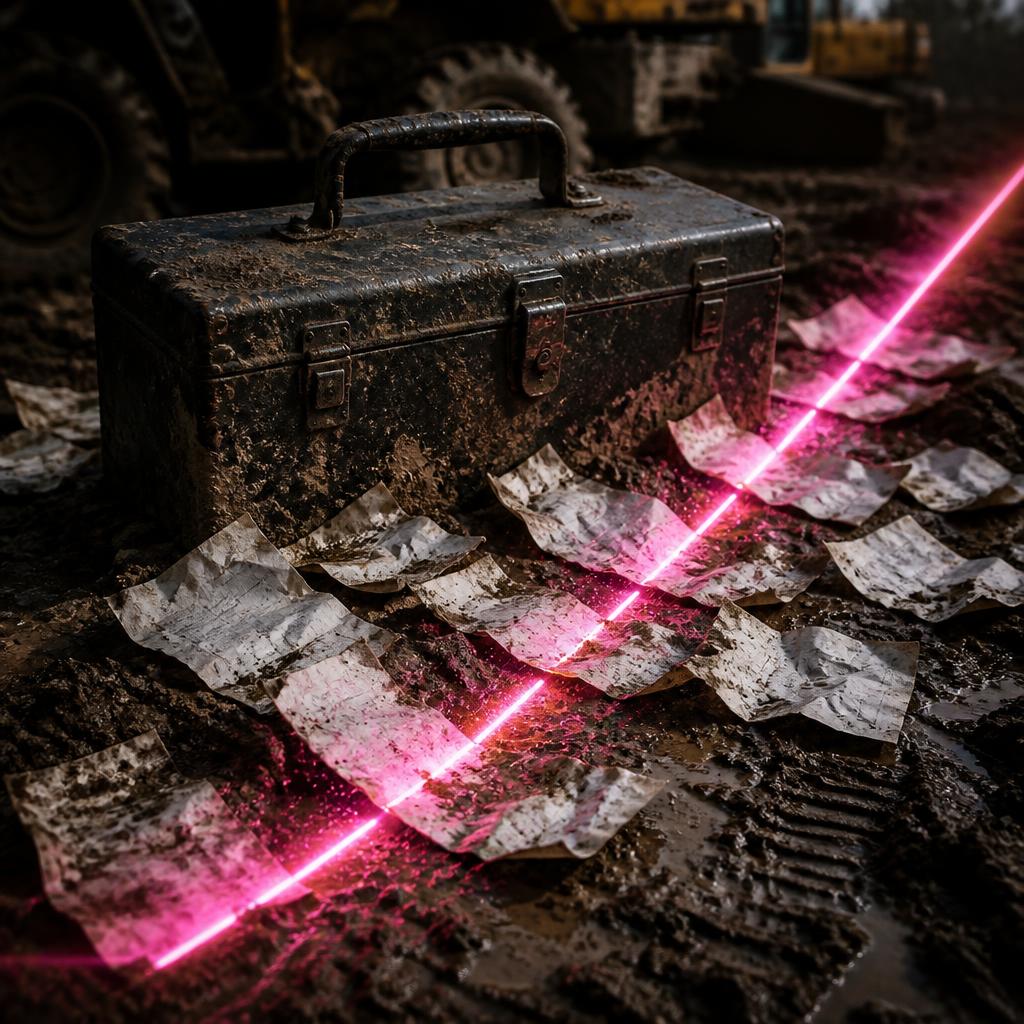 Muddy toolbox and paper receipts sliced by a pink digital routing beam